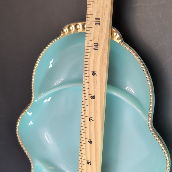 Vintage Fire king Delphite Blue Milk Glass Divided Tray with Gold Trim. - Picture 6 of 8